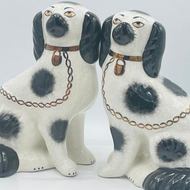 Pair of Black & White Antique Staffordshire Ware King Charles Spaniel Dog Figurine - Mantel Dog 9&quot; 