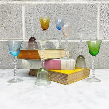 Vintage Glasses Set Retro 1960s Mid Century Modern + Aperitif + Coupe + Stemmed + Assorted Jewel Tones + Set of 8 + Home and Bar Decor 