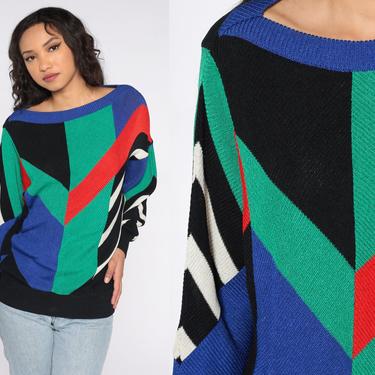 Geometric Dolman Sweater 80s Multicolor Knit Sweater Boatneck Slouchy Pullover Blue Red Green Black 1980s Vintage Knitwear Retro Large L 