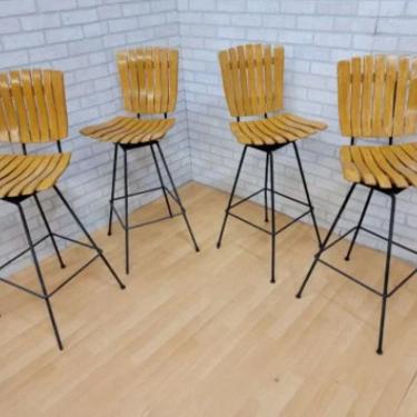 Mid Century Modern Arthur Umanoff Slat-Wood Steep Base Swivel Stools - Set of 4