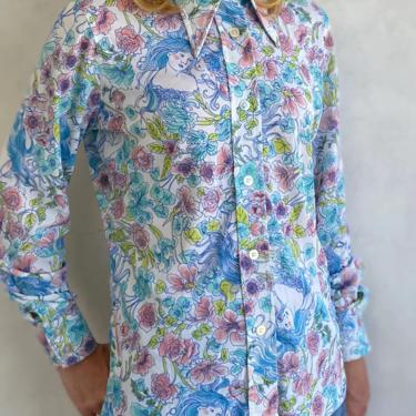70s Vintage Psychedelic Goddess Pastel Floral print button down blouse - 1970s Long sleeve shirt 