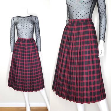 Buffalo Plaid Skirt, XSmall Petite / Vintage Pleated Skirt / Red &amp; Black Plaid Skirt / Wool 1950s Style Midi Office Skirt / Secretary Skirt 