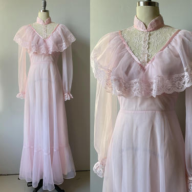 1970s Dress Pink Chiffon Lace Maxi Gown S 