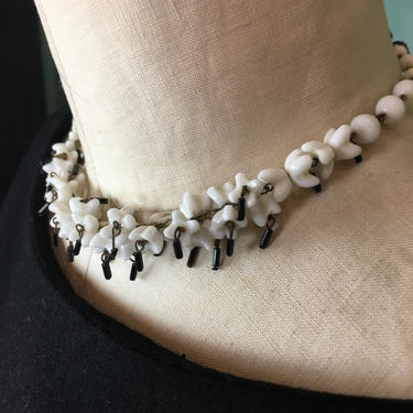 1940s beaded necklace, Miriam Haskell style, milk glass necklace, vintage 40s necklace, costume jewelry, white and black, vintage choker 