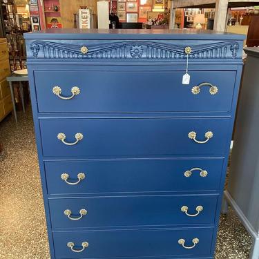 Navy painted chest of drawers. Cool skinny top drawer with lovely details. 35.5” x 20.5” x 50.5”