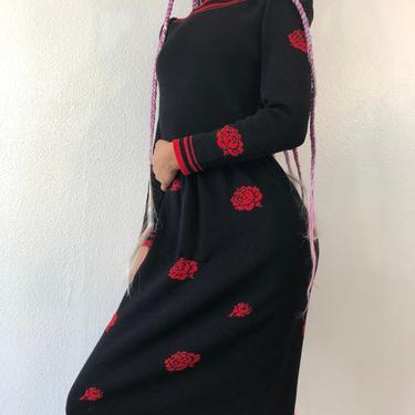 Vintage Adolfo Black With Red Flowers Knit Dress 