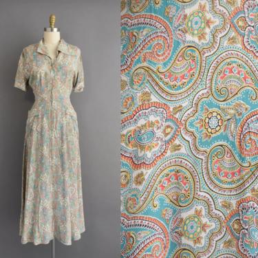 vintage 1940s dress | Beautiful Paisley Print Full Length Rayon House Dress | Medium | 40s vintage dress 