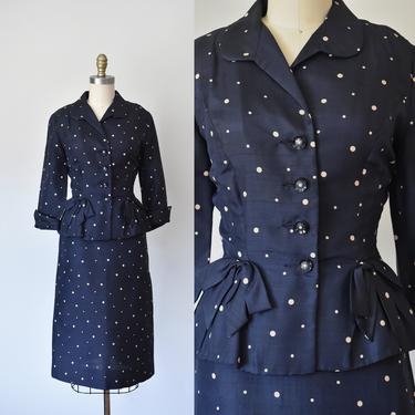 R &amp; K silk shantung suit, vintage 1940s suit, polka dot skirt suit 