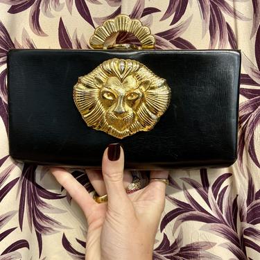 Custom Vintage Black Leather & Gold Lion Clutch Purse