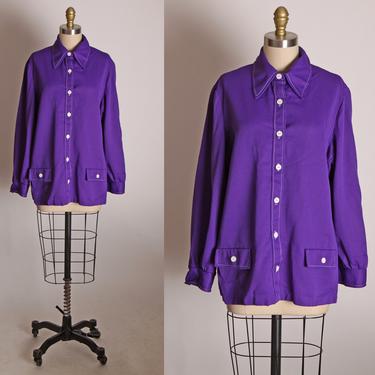 1970s Purple Knit Polyester Long Sleeve Button Up Front Pocketed Dagger Collar Shirt Blouse -1XL 
