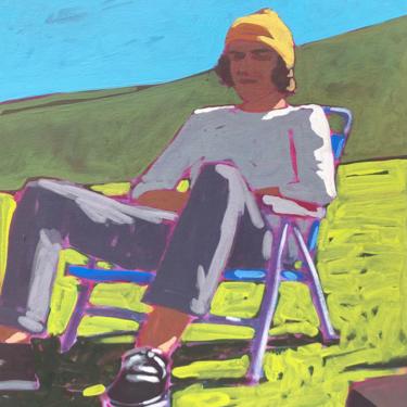 Man in Chair #12  |  Original Acrylic Painting on Canvas 16 x 20  | green, field, shadow, figurative, fine art, gallery wall, camping 