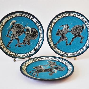 Vintage Hand Painted Greek Terracotta Plates in Black, White, and Blue Motif, Greece 