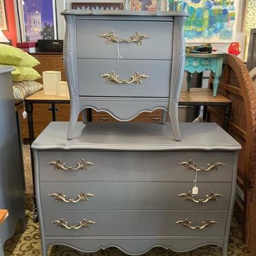 Grey French provincial nightstand and matching 3-drawer chest of drawers Nightstand is 24” x 15” x 25” Chest is 42” x 18.5” x 31”