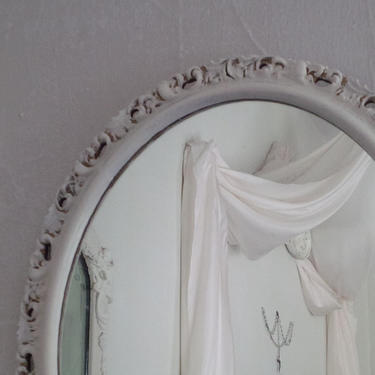 MIRROR Vintage Charming OVAL Ornate French Provincial Wood Mirror Poppy Cottage Painted Furniture 