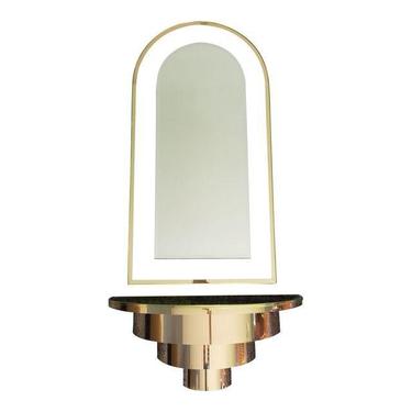 Lucite and gold mirror with matching floating shelf by cestlavintage18