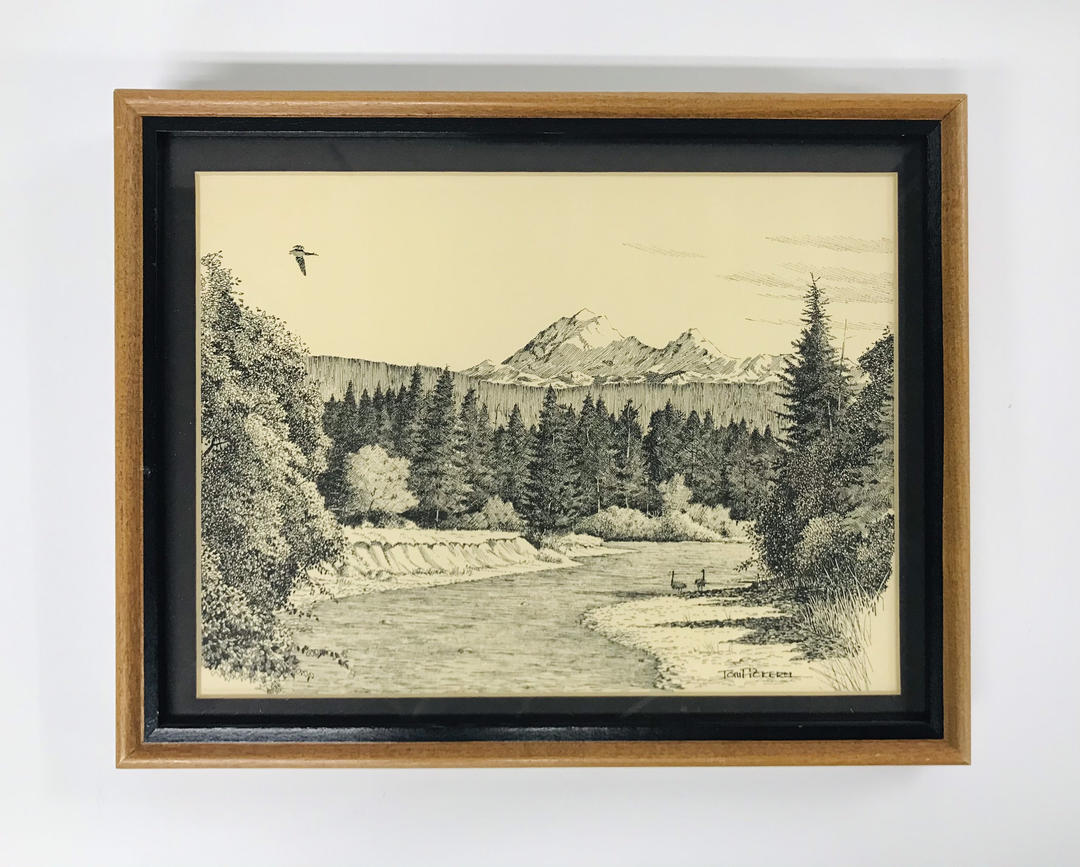 Tom Pickerel Pen & Ink Drawing/ Mt Stuart/ Teanaway River/ Landscape
