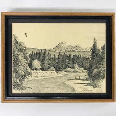 Tom Pickerel Pen &amp; Ink Drawing/ Mt Stuart/ Teanaway River/ Landscape/ Washington State/ Fine Art/ Wood Frame/ FREE SHIPPING 