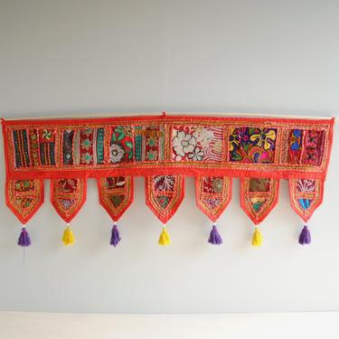 Vintage Toran from India, Over the Door or Window Textile Hanging, 40&amp;quot; Colorful Embroidered Indian Toran Valance, Red Toran Door Hanging 