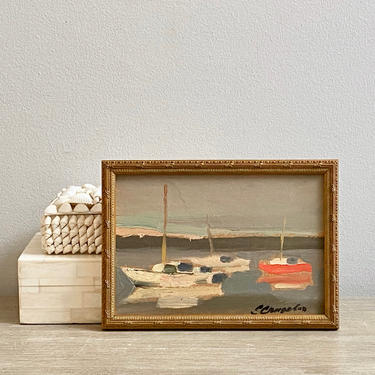 Miniature Sailboat Oil Painting Original Signed Nautical Harbor Seascape 