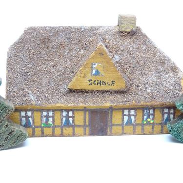 Vintage Toy German House with Trees, Hand Made of Wood and Hand Painted Antique Erzgebirge Toys 