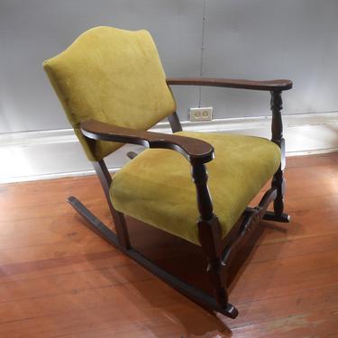 Antique Wood Arm Chair Rocker Upholstered Gold Velvet Rocking