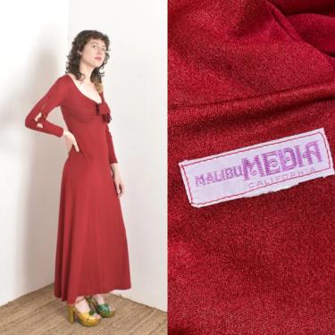 Vintage 1970s Dress / 70s Malibu Media Cutout Sleeve Maxi Dress / Burgundy ( small S ) 