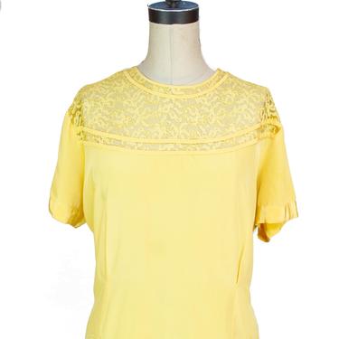 1940s Blouse ~ Yellow Lace Yolk Short Sleeve Plus Size Blouse 