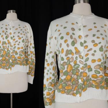 Vintage Seventies Diane Carole Acrylic Rock Print Cardigan Sweater - 70s Large Pebble Print Cardigan Sweater 