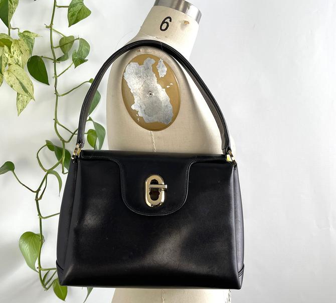 Gucci Vintage Black Leather Gold Kelly Style Box Top Handle Satchel  Shoulder Bag at 1stDibs