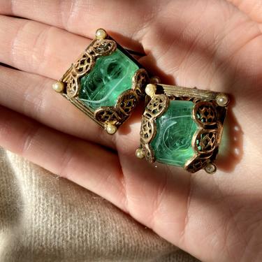 Mid Century Marbled Green Glass &amp; Faux Pearl Earrings