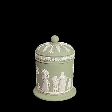 Vintage 1960s 70s Wedgwood Green & White Jasper Jasperware Urn Canister w Lid Vase 4.5" Tall with Neoclassical Scenes English Porcelain 