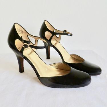 Vintage Size 8 Black Patent Leather High Heel Mary Jane Shoes Dressy Formal Heels Circa Joan & David 1990's 2000's 