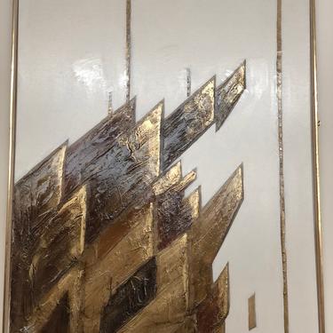 Vintage mid century modern abstract gold painting textured art retro wall decor framed 