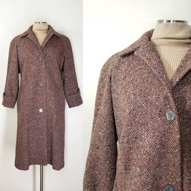 Vintage Tweed Wool Coat, Small Petite, New / Rust Brown Button Front Winter Coat / Long Retro Boho Chic Herringbone Overcoat 