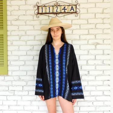Embroidered Blouse // vintage cotton boho hippie Guatemalan dress hippy tunic mini dress Meixcan // O/S 