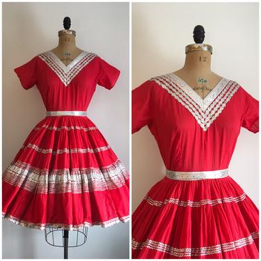 Vintage 1950s 1960s Red And Silver Patio Dress 50s 60s Silver Ric Rac Trim Western Dress Western Wear 