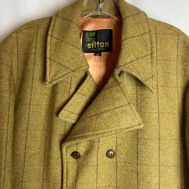 60’s-70’s Dandy split pea green Gold thin plaid wool fall/ winter  jacket~ pea coat style~ retro double breasted car coat~ stylish size 40 
