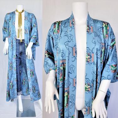 1970's Alphonse Mucha Lady Print Dusty Blue Kimono Sleeve Duster Coat I Sz O/S 