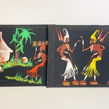 Vintage 1960s Pair of Retro Native Island Tiki Hut Palm Wall Art Fabric Painting Dancers Zakou 