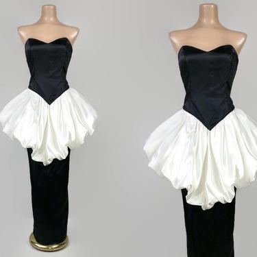 VINTAGE 80s Bubble Peplum Bombshell Party Dress | 1980s Sweetheart Bustier Formal Gown | 1980s Black and White Satin Prom Dress 