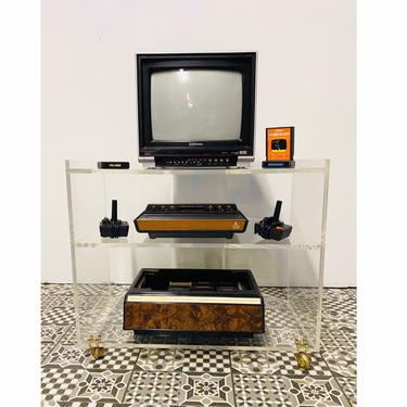 Post Modern Lucite TV Stand with Rolling Brass Castors, Vintage Lucite Rolling Television Cabinet, Retro TV Stand 