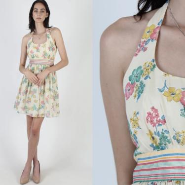 Pastel Floral Prairie Dress / Garden Party Halter Dress / Summer Sun Festival Outfit / Ivory Sleeveless Colorful Short Mini Dress 