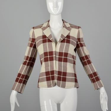 XS Salvatore Ferragamo Beige Blazer 1980s Brown Plaid Designer Open Front Patch Pockets 