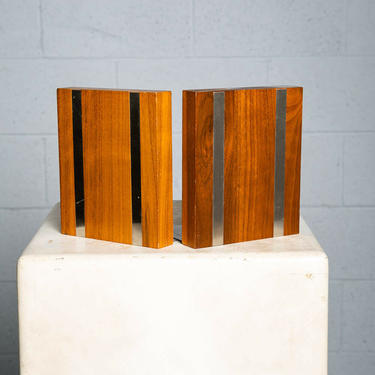 Mid Century Modern Bookends Solid Walnut Wood Metal Park Sherman Vintage Signed