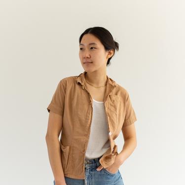 Vintage Overdye Almond Brown Shirt | Short Sleeve Simple Blouse | Cotton Work Shirt | XXS XS | 