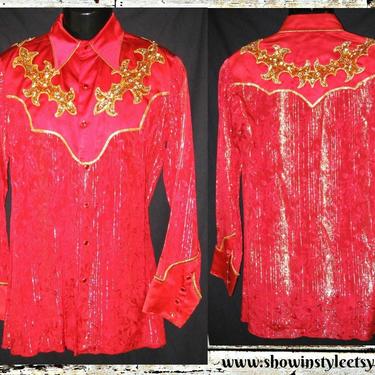 Pzazz Designs, Made for Movie &amp;quot;Rhinestone&amp;quot; in 1984, Vintage Western Men's Stage Shirt, Red &amp; Gold, Approx. Small (see meas. photo) 