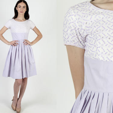 50s Lilac Eyelet Dress 1950s Cut Out Cotton Dress Vintage Floral Simple Cutout Lace High Empire Waisted Mini Dress 