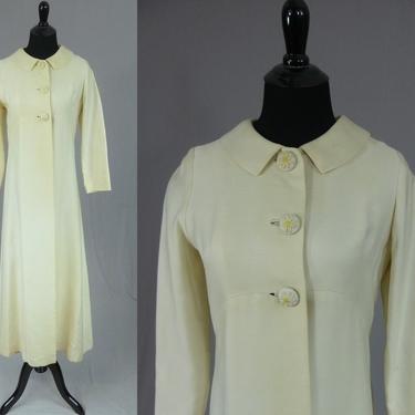 60s 70s Elegant Cream Evening Coat - Maxi Formal Length - Daisy Buttons - Vintage 1960s 1970s - S 