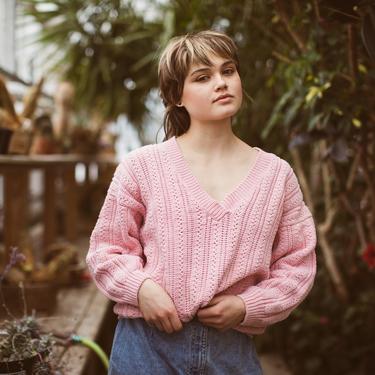 Pink Cotton Sweater, 80s V-Neck Sweater, Vintage Pullover, Summer Sweater, Chunky, Shoulder Pads 