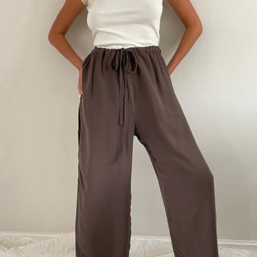 90s silk drawstring wide leg pants / vintage cocoa brown silk chiffon wide leg drawstring pants | L XL 